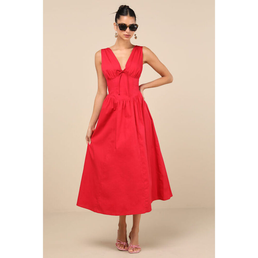 Lulus Lettie Red Poplin Plunge Neck Midi Dress - Size XL